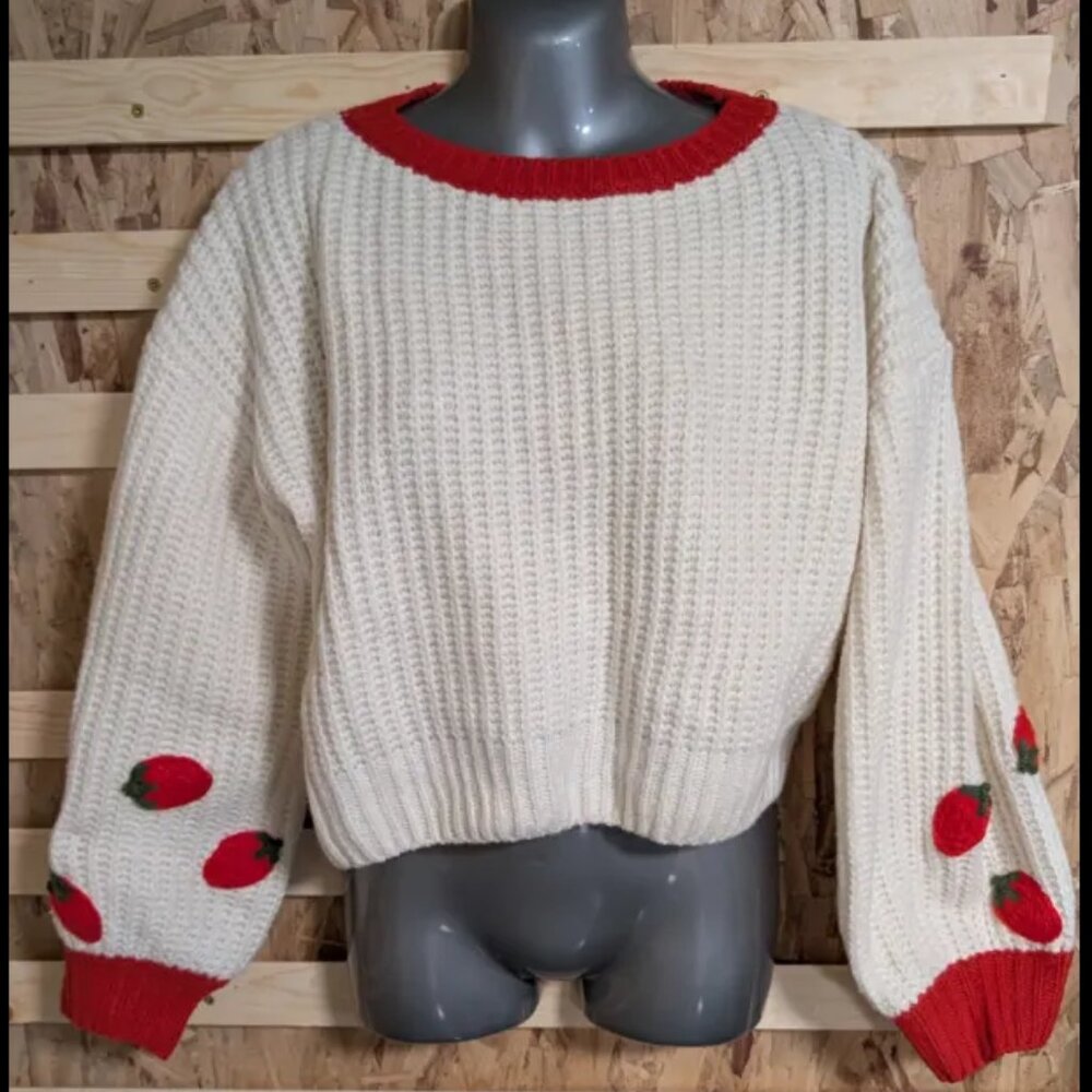 Knitted Round Neckline Strawberry Contrasting Binding Crop Sweater - m